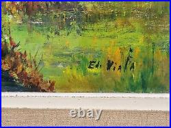 E. VIALA. Paysage Bord de Rivière Sous Bois Peinture huile Sur toile signé