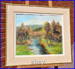 E. VIALA. Paysage Bord de Rivière Sous Bois Peinture huile Sur toile signé