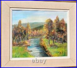 E. VIALA. Paysage Bord de Rivière Sous Bois Peinture huile Sur toile signé