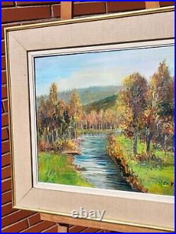 E. VIALA. Paysage Bord de Rivière Sous Bois Peinture huile Sur toile signé