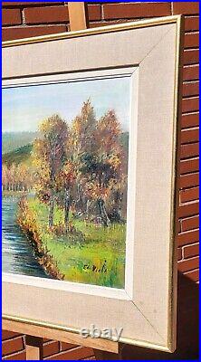 E. VIALA. Paysage Bord de Rivière Sous Bois Peinture huile Sur toile signé
