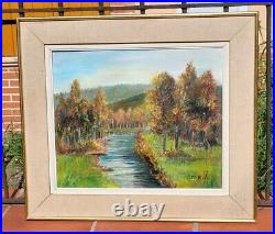 E. VIALA. Paysage Bord de Rivière Sous Bois Peinture huile Sur toile signé