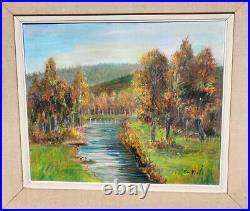 E. VIALA. Paysage Bord de Rivière Sous Bois Peinture huile Sur toile signé