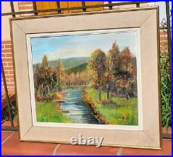 E. VIALA. Paysage Bord de Rivière Sous Bois Peinture huile Sur toile signé