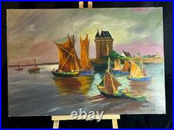 Ecole Art Déco Huile sur toile Derasse Port Saint Malo Tour Solidor 1955 Ecole Art Déco Huile sur toile Derasse Port Saint Malo Tour Solidor 1955