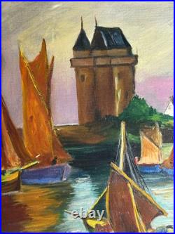 Ecole Art Déco Huile sur toile Derasse Port Saint Malo Tour Solidor 1955 Ecole Art Déco Huile sur toile Derasse Port Saint Malo Tour Solidor 1955
