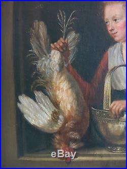 Ecole FLAMANDE du XIXè. Gerrit DOU (1613/75). Beau CADRE du XVIIIè. Femme au Coq