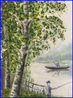 Ecole Française XXè AR Bavoux Huile sur toile Paysage bord de rivière