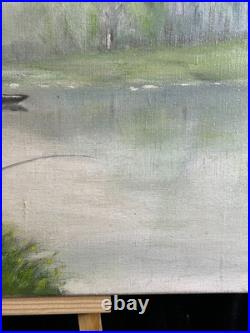 Ecole Française XXè AR Bavoux Huile sur toile Paysage bord de rivière