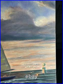Ecole Française XXè Huile sur toile Voilier en sortie de port 1980