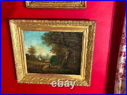 Ecole de Barbizon, huile sur toile du XIXe siècle signé, paysage avec personnage
