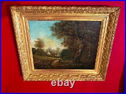 Ecole de Barbizon, huile sur toile du XIXe siècle signé, paysage avec personnage
