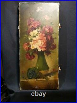 École française Huile sur toile fin XIXe signée bouquet fleurs 25x55cm