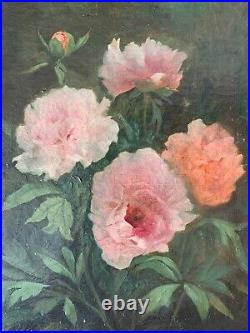 Ecole française fin XIXe, fleurs pivoines, tableau ancien, huile sur toile