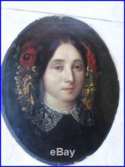 École romantique française XIXe-Tableau ancien-Portrait-Femme/fleurs-Huile-OIL