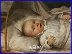 Eduard KURZBAUER peintre autrichien tableau huile portrait enfant bébé berceau