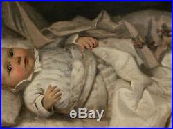 Eduard KURZBAUER peintre autrichien tableau huile portrait enfant bébé berceau