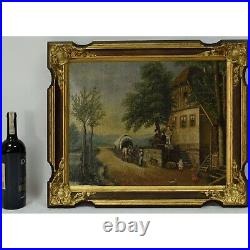 Environ 1820 Peinture l'huile ancienne Scène de genre Auberge Biedermeier 62x52