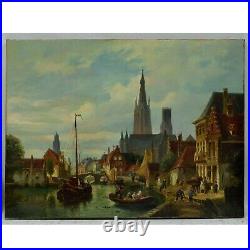 Environ 1850 Peinture à l'huile ancienne Paysage avec une ville au bord de l'eau