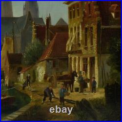 Environ 1850 Peinture à l'huile ancienne Paysage avec une ville au bord de l'eau