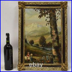 Environ 1900 Peinture ancienne à l'huile paysage de montagne avec enfants 60x43