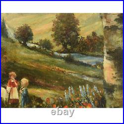 Environ 1900 Peinture ancienne à l'huile paysage de montagne avec enfants 60x43