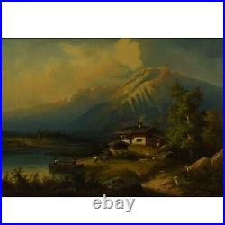 Environ 1900 Peinture ancienne à l'huile sur toile Paysage de montagne 89x68 cm