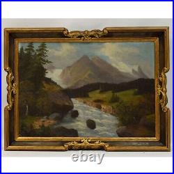 Environ 1900 Peinture ancienne à l'huile sur toile paysage avec rivière 76x58 cm