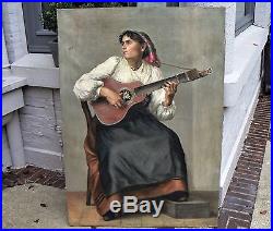 Exceptionnel et ancien grand portrait femme à la guitare flamenco gitane tzigane