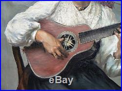 Exceptionnel et ancien grand portrait femme à la guitare flamenco gitane tzigane