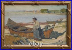 Femme et barque plage, Hérault. L. Raoul GUIRAUD (1888-1976). Cerbère, Béziers, pêche Femme et barque plage, Hérault. L. Raoul GUIRAUD (1888-1976). Cerbère, Béziers, pêche