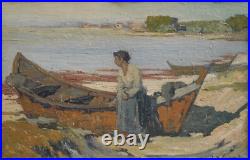 Femme et barque plage, Hérault. L. Raoul GUIRAUD (1888-1976). Cerbère, Béziers, pêche Femme et barque plage, Hérault. L. Raoul GUIRAUD (1888-1976). Cerbère, Béziers, pêche