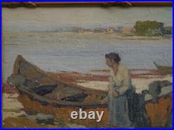 Femme et barque plage, Hérault. L. Raoul GUIRAUD (1888-1976). Cerbère, Béziers, pêche Femme et barque plage, Hérault. L. Raoul GUIRAUD (1888-1976). Cerbère, Béziers, pêche
