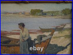 Femme et barque plage, Hérault. L. Raoul GUIRAUD (1888-1976). Cerbère, Béziers, pêche Femme et barque plage, Hérault. L. Raoul GUIRAUD (1888-1976). Cerbère, Béziers, pêche