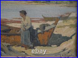 Femme et barque plage, Hérault. L. Raoul GUIRAUD (1888-1976). Cerbère, Béziers, pêche Femme et barque plage, Hérault. L. Raoul GUIRAUD (1888-1976). Cerbère, Béziers, pêche