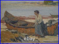 Femme et barque plage, Hérault. L. Raoul GUIRAUD (1888-1976). Cerbère, Béziers, pêche Femme et barque plage, Hérault. L. Raoul GUIRAUD (1888-1976). Cerbère, Béziers, pêche