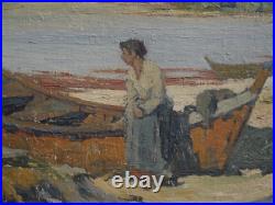 Femme et barque plage, Hérault. L. Raoul GUIRAUD (1888-1976). Cerbère, Béziers, pêche Femme et barque plage, Hérault. L. Raoul GUIRAUD (1888-1976). Cerbère, Béziers, pêche