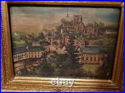 Fin XIX ème s, huile sur toile vue de village, beau cadre doré ancien non signée