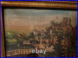 Fin XIX ème s, huile sur toile vue de village, beau cadre doré ancien non signée