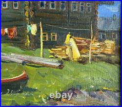 Fishing Village Original Oil painting, Landscape Boat Houses, Signed, Framed Fishing Village Original Oil painting, Landscape Boat Houses, Signed, Framed