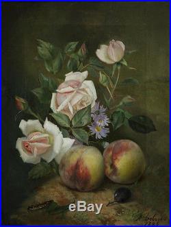 Fleurs fruits & chenille HST Signée Alexandre DEBRUS (1843-1905) Liège Spa