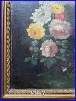 Fleurs, huile sur toile, tableau ancien, encadré, peinture, XIXe Fleurs, huile sur toile, tableau ancien, encadré, peinture, XIXe