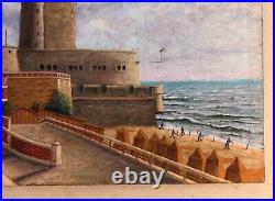 Fort militaire animé en bord de mer, Huile sur toile signée, Peinture, Début XXe