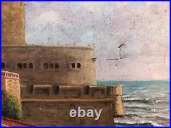 Fort militaire animé en bord de mer, Huile sur toile signée, Peinture, Début XXe