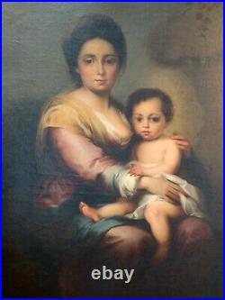 GRAND FORMAT SUPERBE HUILE SUR TOILE La mère et l'enfant datant du XVIIIe
