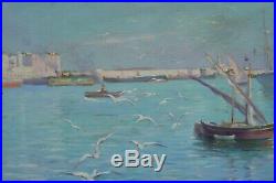 G Lemaitre tableau ancien Orientaliste Marine Baie d'Alger fin XIXe Bateaux