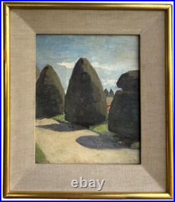Garden Sky Trees Landscape, Original Antique Oil Canvas Painting, Framed