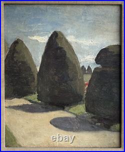 Garden Sky Trees Landscape, Original Antique Oil Canvas Painting, Framed