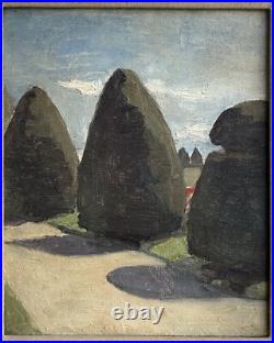 Garden Sky Trees Landscape, Original Antique Oil Canvas Painting, Framed