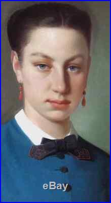 Grand & Magnifique Portrait Bourgeois Vers 1830. Jeune Femme Aux Yeux Bleus